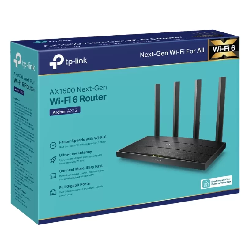 Router TP-Link Archer AX12 AX1500 Wi-Fi 6 Dual Band 5GHz 1201Mbps - Black