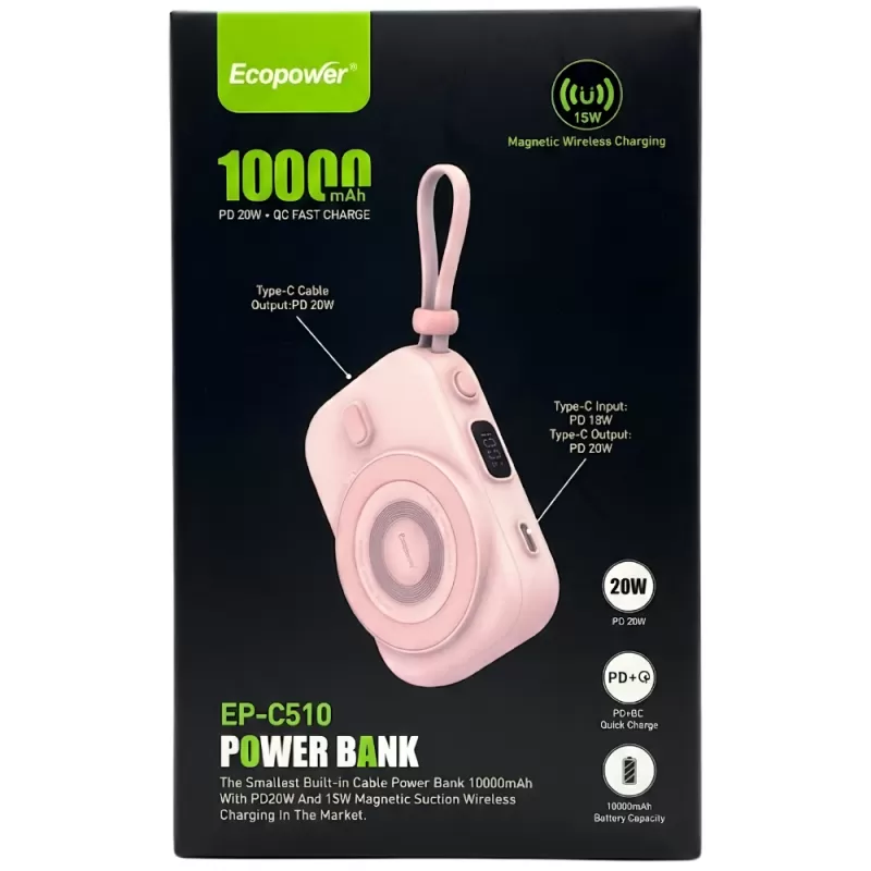Cargador Portátil Ecopower EP-C510 Magnetic 10.000mAh 20W - Pink