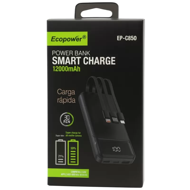 Cargador Portátil Ecopower EP-C850 Smart Charge Power Bank 12.000mAh - Black