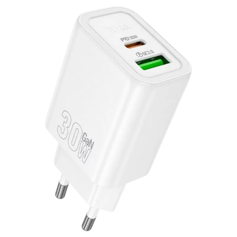 Cargador Fuente Hoco Dual Port N63 USB-A/USB-C 30W - White