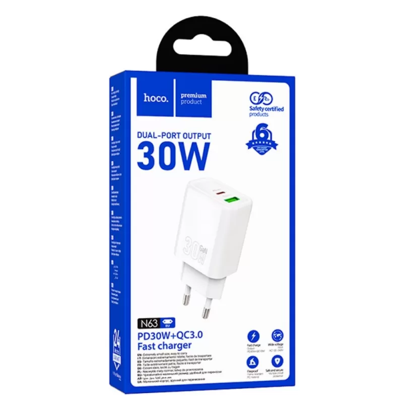 Cargador Fuente Hoco Dual Port N63 USB-A/USB-C 30W - White