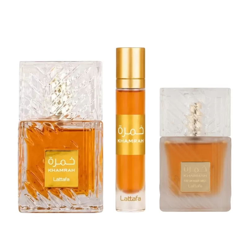 Kit Perfume Lattafa Khamrah EDP 100mL + Travel Spray 12mL + Fresh Hair Mist 50mL - Unisex
