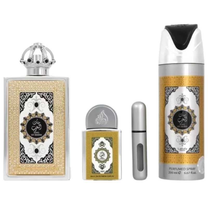 Kit Perfume Lattafa Pride King of Arabia EDP 100mL + Mini Perfume 20mL + Body Spray 200mL - Masculino