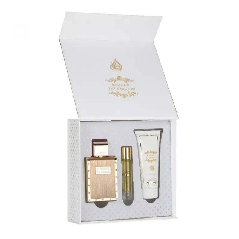 Kit Perfume Lattafa The Kingdom EDP 100mL + Travel Spray 12mL + Shower Gel 100mL - Masculino