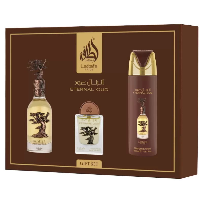 Kit Perfume Lattafa Pride Eternal Oud EDP 100mL + Mini Perfume 20mL + Spray 200mL - Unisex
