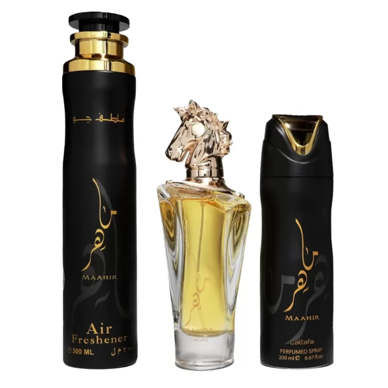 Kit Perfume Lattafa Maahir EDP 100mL + Air Freshener 300mL + Spray 200mL - Unisex