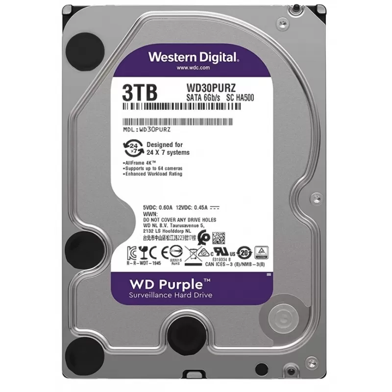 HD Interno Western Digital 3TB Purple Surveillance WD30PURZ 3.5" - Plata