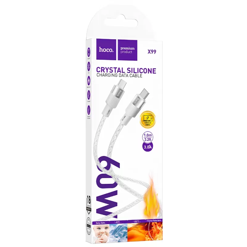 Cable Hoco Crystal Silicone USB-C/USB-C X99 60W (1m) - Gray